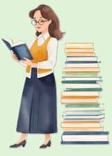Teacher reading beside books